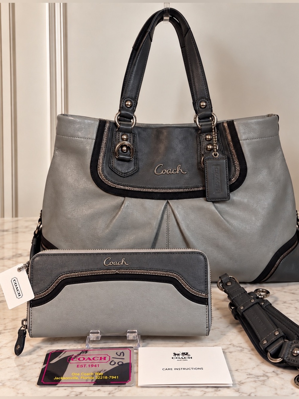 Coach Gray Silver Pleated Tote Bag & Matching Long Zip Wallet Set